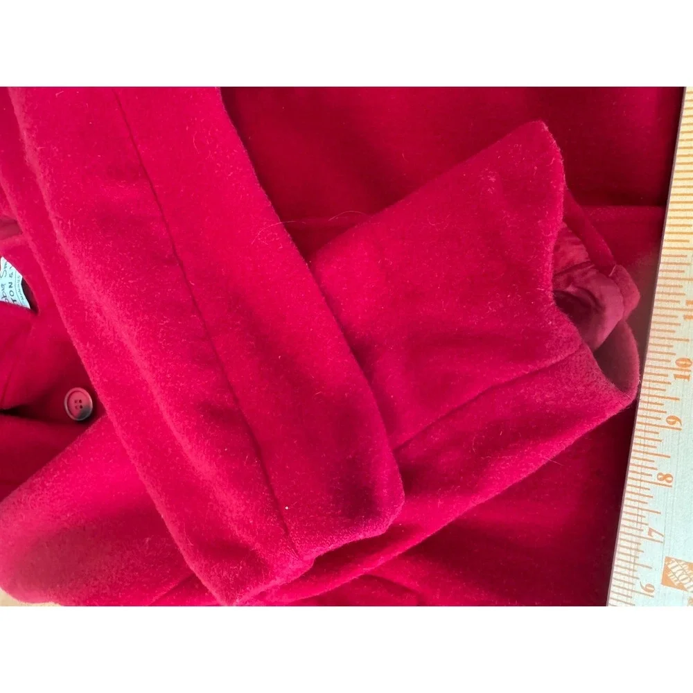 Vintage 80s Trench Pea Coat Cherry Red Boxy‎ Pleated Mid Wool Medium Petite